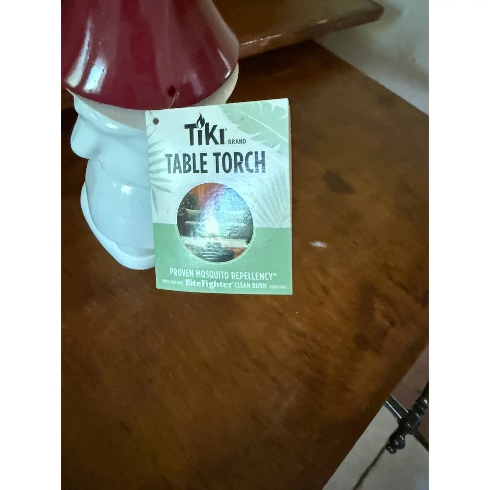 Tiki Brand Ceramic Gnome Table Torch Outdoor Tabletop Decor White Red Hat NEW